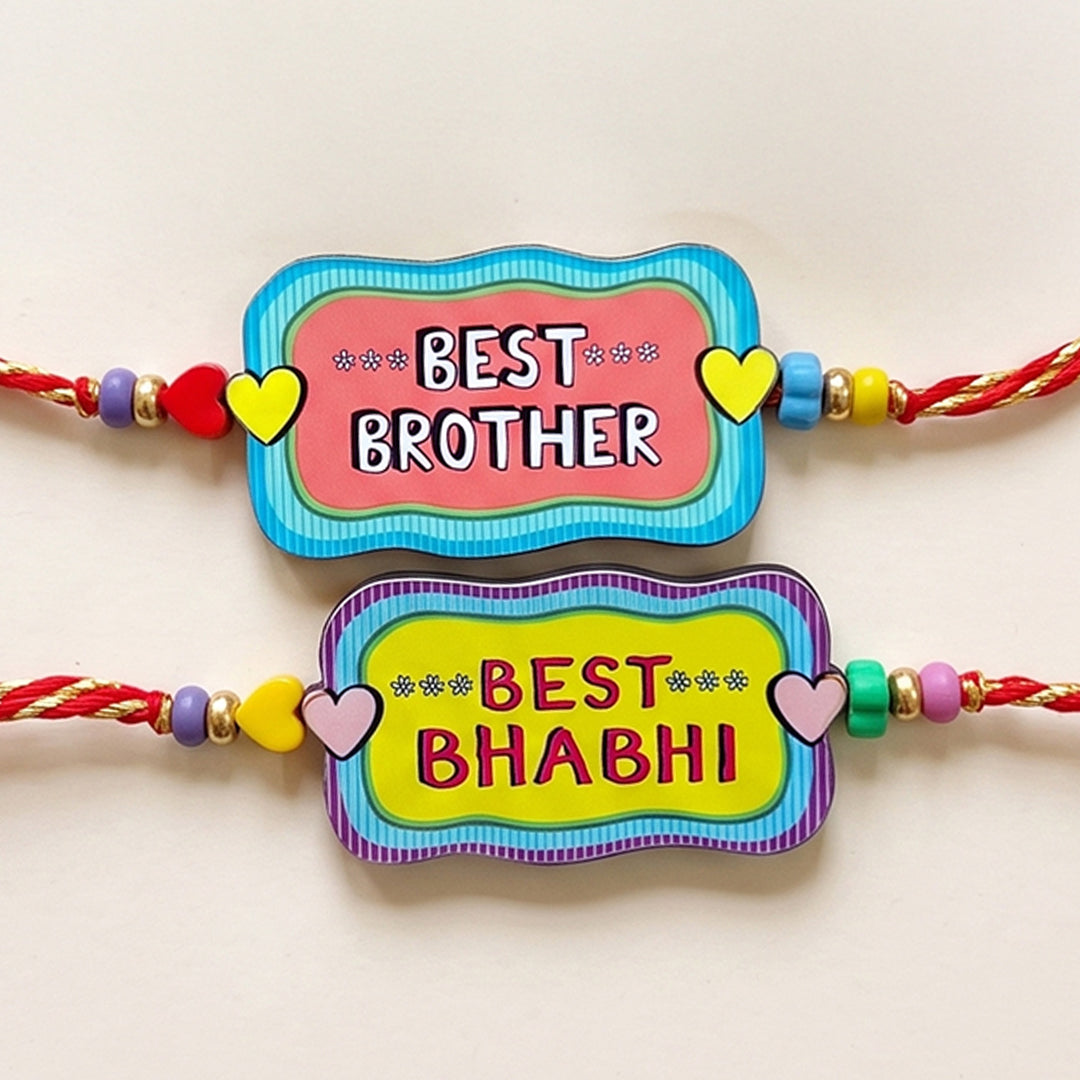 Glossy Printed Wooden Rakhi Combo With Kumkum Rice For Bhaiya Bhabhi | Set of 2