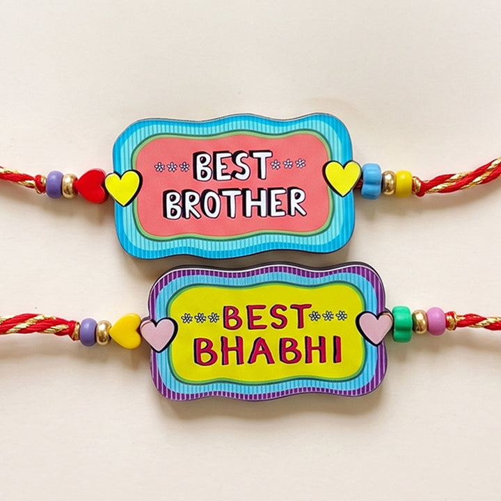 Glossy Printed Wooden Rakhi Combo With Kumkum Rice For Bhaiya Bhabhi | Set of 2