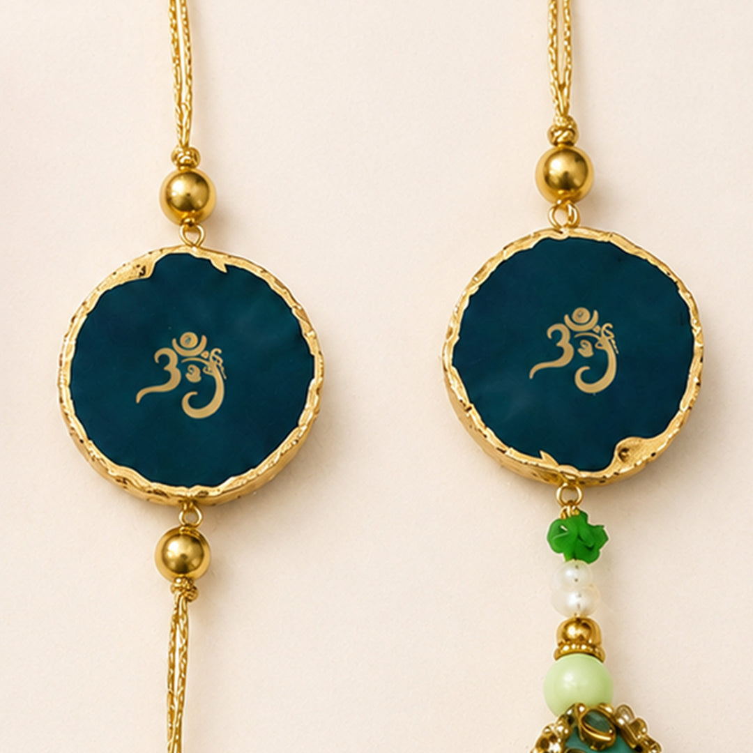Handmade "Om" Green Premium Agate Bhaiya Bhabhi Couple Rakhi And Lumba Set With Roli Chawal, Nariyal And Gift Box | Set of 2