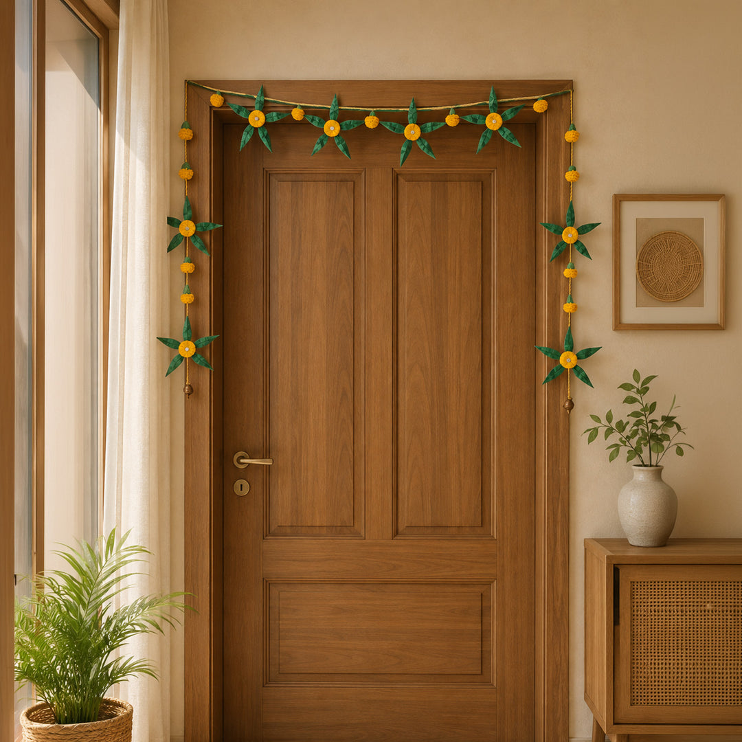 "Aam Patta" Handcrafted Mango Leaf Bamboo Toran with Crochet Detailing for Festive Decor