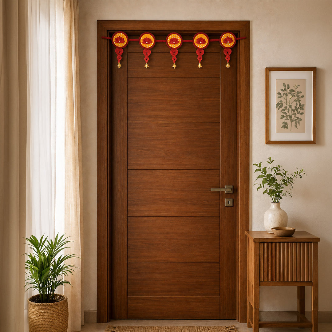 "Saroj" Handcrafted Lotus Bamboo Toran with Metal Bells for Festive Decor