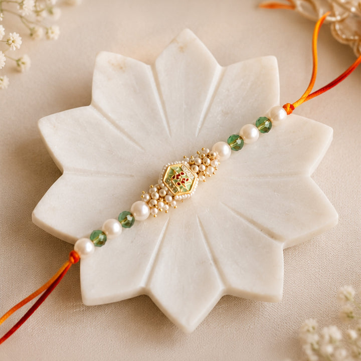 Hand-Knotted Pearl Beaded Rakhi With Roli Chawal For Brother