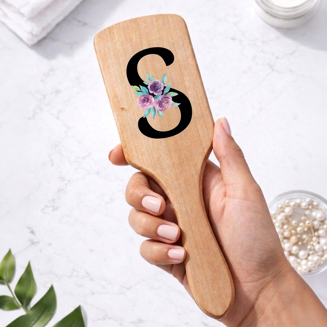 Personalized Floral Monogram Paddle Bamboo Wooden Hair Brush