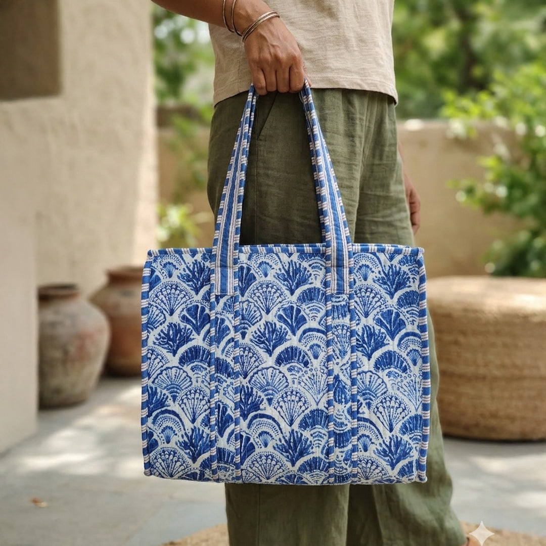 Handmade Blue In a Nutshell Cotton Tote Bag