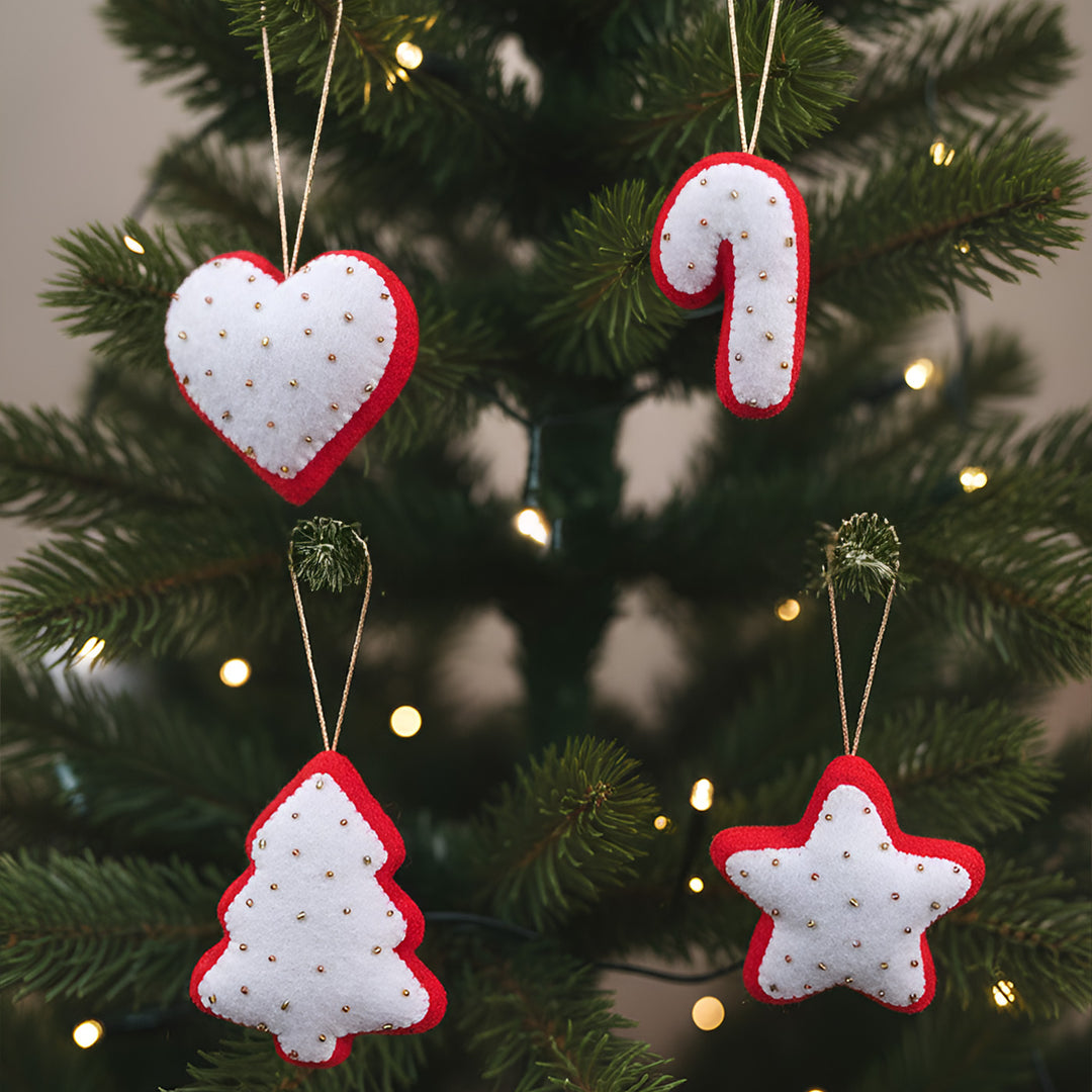 4 Pc | Handmade Red & White Star, Heart, Tree & Candy Felt Ornaments For Christmas Decoration
