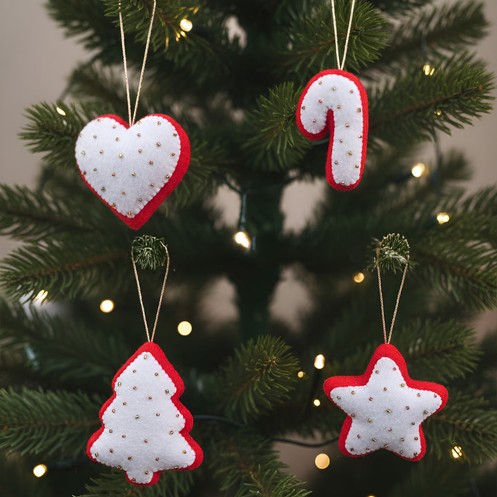 4 Pc | Handmade Red & White Star, Heart, Tree & Candy Felt Ornaments For Christmas Decoration