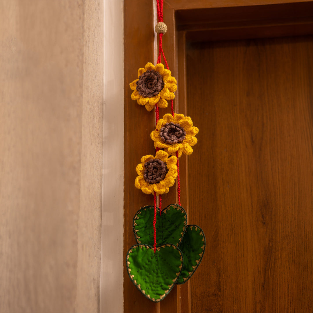 20 Inch | Set Of 2 Handmade Crochet Sunflower & Green Leaf Festive Door Side Hangings