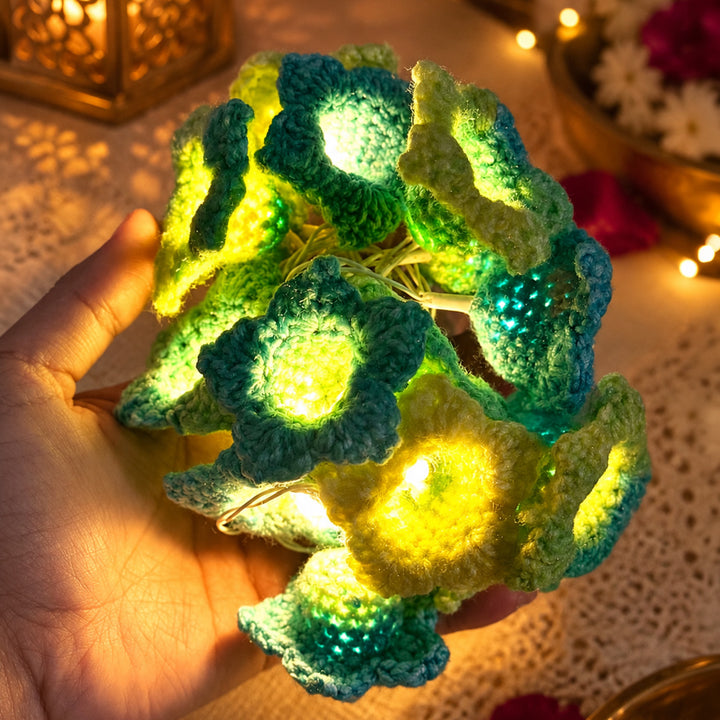 Handmade Champa Crochet Flower Wool LED Fairy Light For Festive Decor - Green