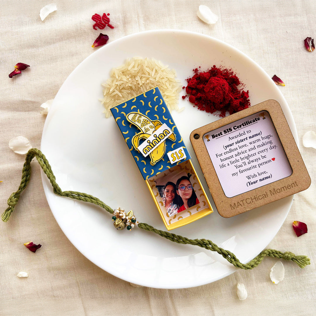 Personalized Photo "Minion" Theme Rakhi Gift for Little Sister | Rakhi, Matchbox Card & Photo Magnet Combo
