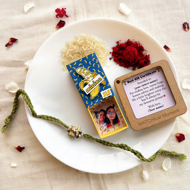Personalized Photo "Minion" Theme Rakhi Gift for Little Sister | Rakhi, Matchbox Card & Photo Magnet Combo