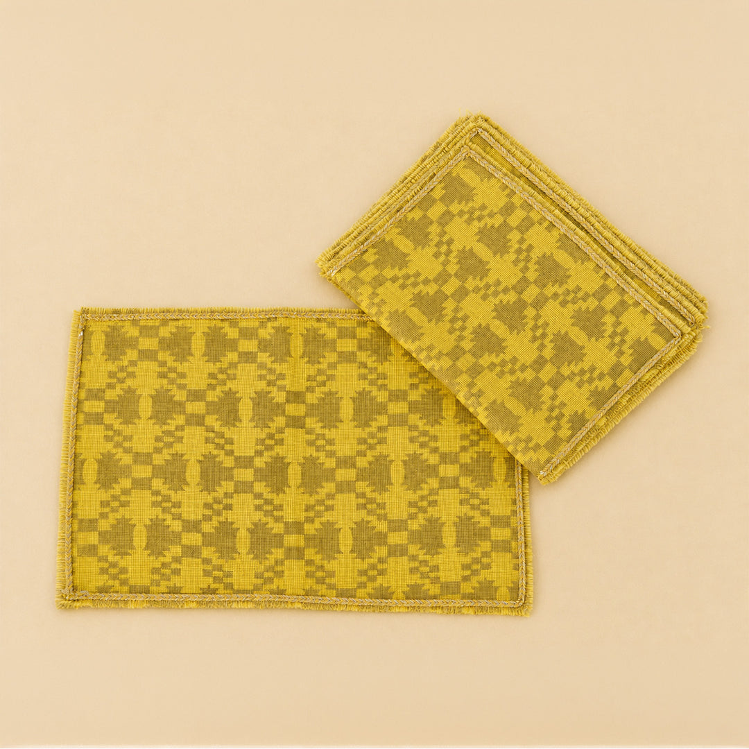 Handcrafted Yellow Screen Printed Jute Table Linen Gift Hamper With Gota Detailing For Festive Gifting