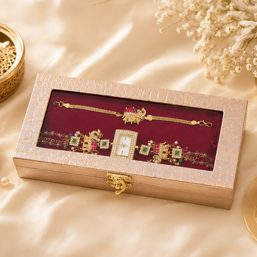 Handmade Kundan & Pearl Shahi Gajraj Elephant Motif Rakhi & Bhabhi Watch Combo For Bhaiya Bhabhi | Set of 2