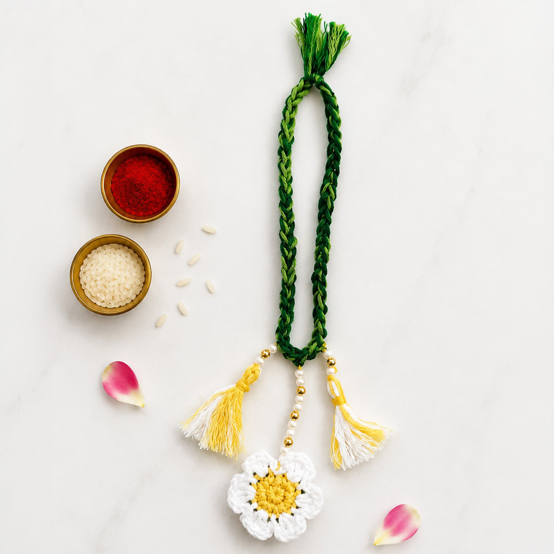 Handmade Crochet Daisy Couple Rakhi Lumba Set With Roli Chawal for Bhaiya Bhabhi | Set Of 2