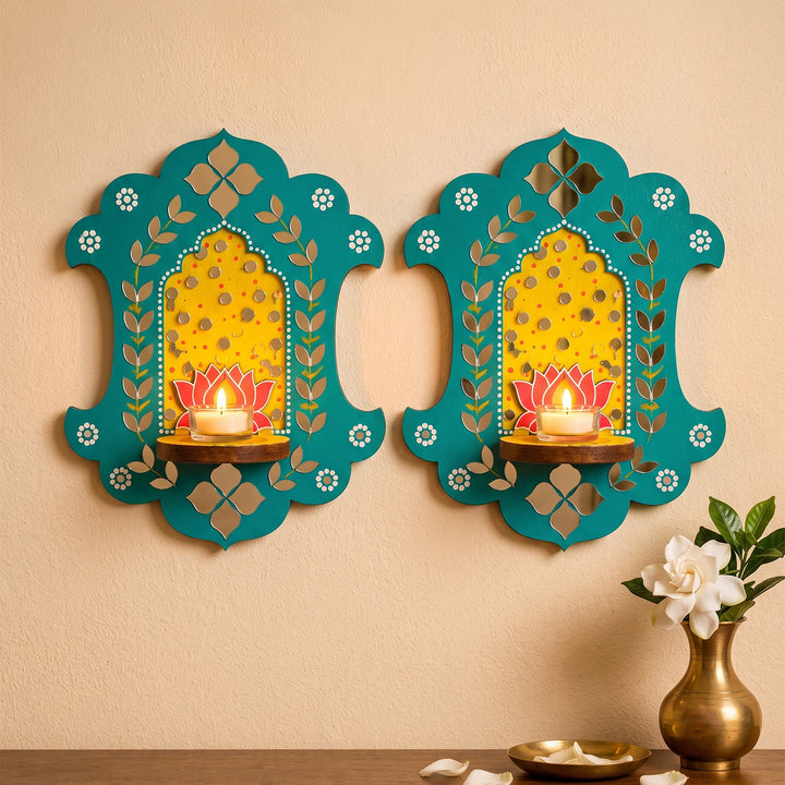 Set of 2 | Lotus Inspired Jharokha MDF Wall Hanging Tealight Holders For Festive Decor