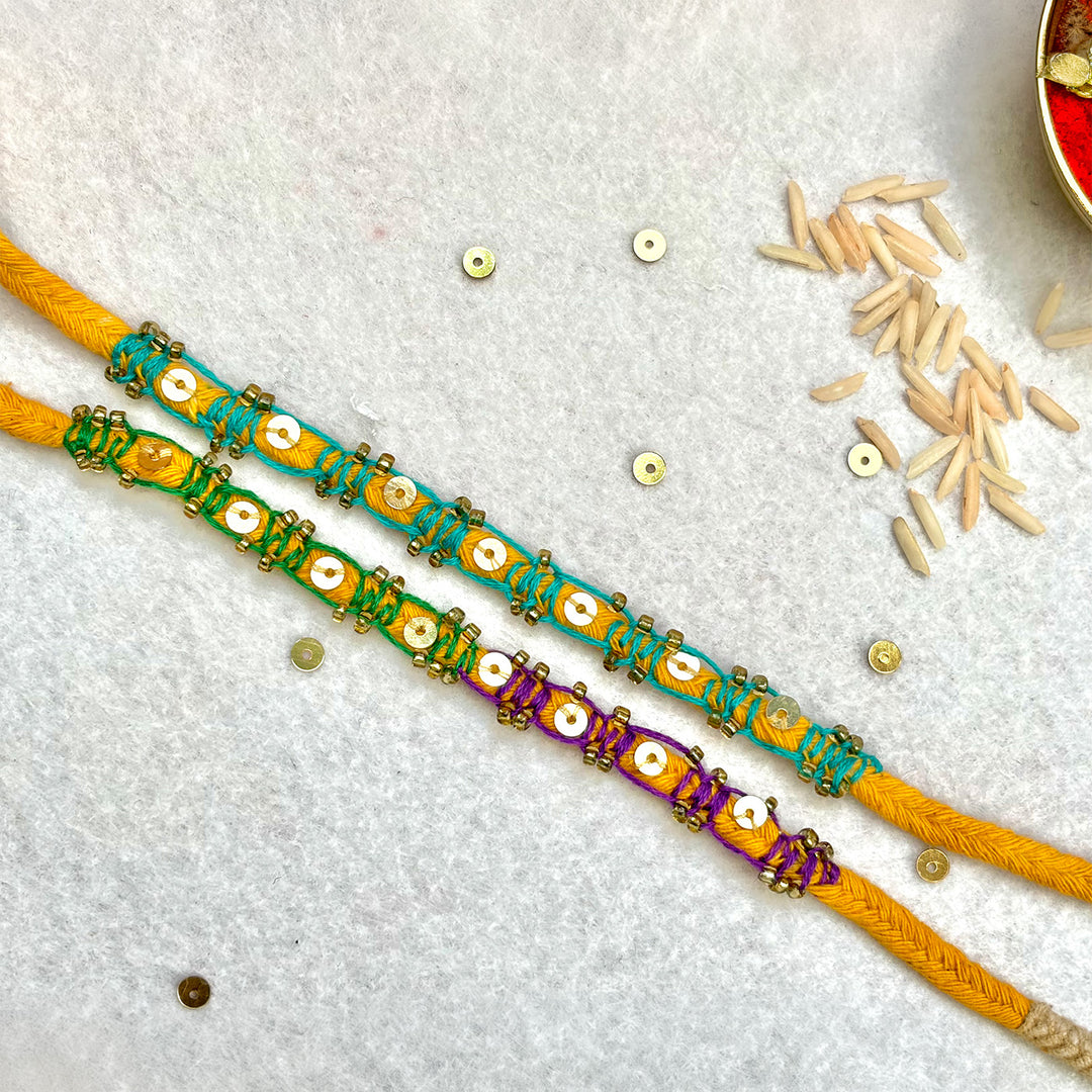 2 Pc | Hand Embroidered Sequin Blanket Stitch Rakhis With Roli Chawal For Brother