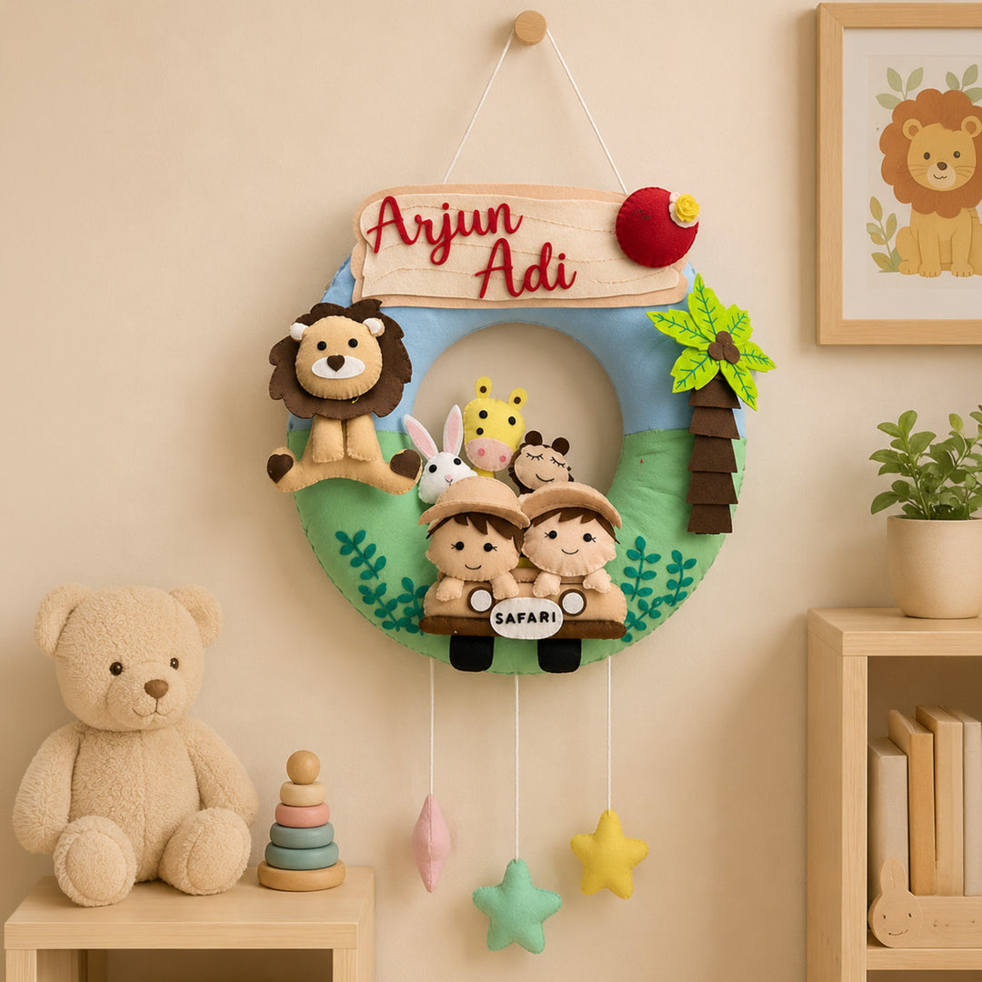 Personalized Jungle Safari Kids Felt Nameplate With Date Of Birth