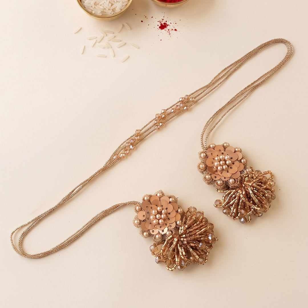 Handmade Moti Phool Couple Rakhi Lumba Set With Roli Chawal For Bhaiya Bhabhi