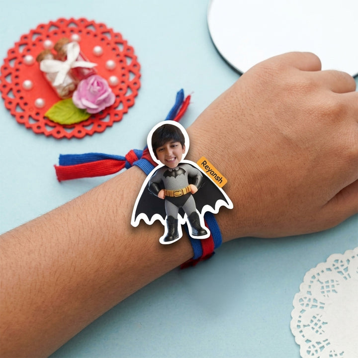 Photo Personalized Batman Caricature MDF Wood Kids Rakhi With Roli Chawal