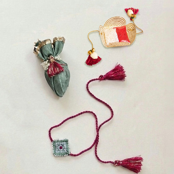 Handcrafted Silk Thread & Pearl Bead Work Cheed Rakhi - Mint Green