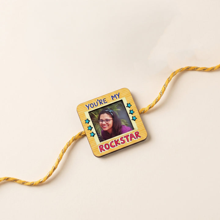 Photo Personalized Magnetic Printed Wooden 'You're My Rockstar' Rakhi With Kumkum Rice | Reusable As Fridge Magnet
