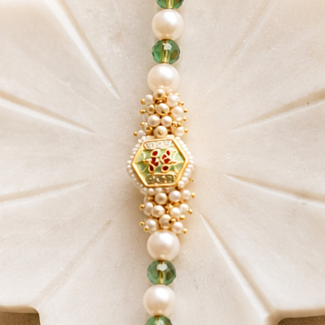 Hand-Knotted Pearl Beaded Rakhi With Roli Chawal For Brother