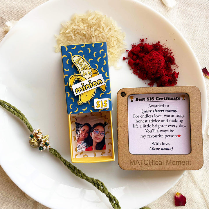 Personalized Photo "Minion" Theme Rakhi Gift for Little Sister | Rakhi, Matchbox Card & Photo Magnet Combo