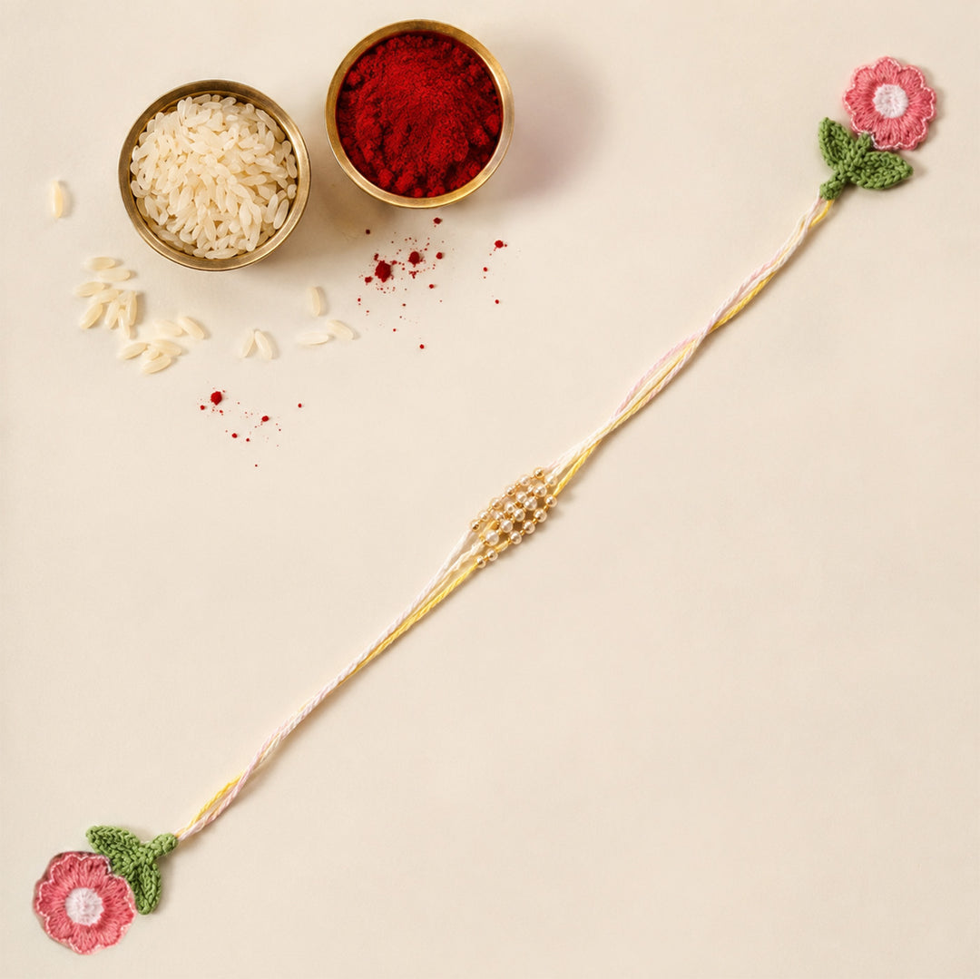 Handmade Threadwork Floral Latkan Rakhi With Roli Chawal For Kids/Bhabhi