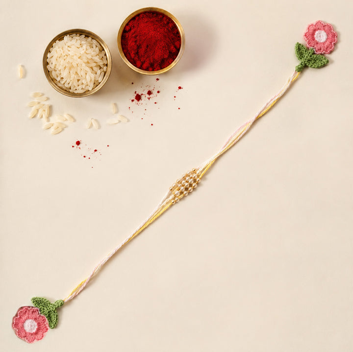 Handmade Threadwork Floral Latkan Rakhi With Roli Chawal For Kids/Bhabhi