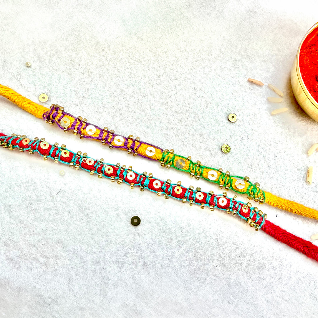 2 Pc | Hand Embroidered Sequin Blanket Stitch Rakhis With Roli Chawal For Brother
