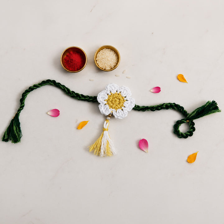 Handmade Crochet Daisy Couple Rakhi Lumba Set With Roli Chawal for Bhaiya Bhabhi | Set Of 2