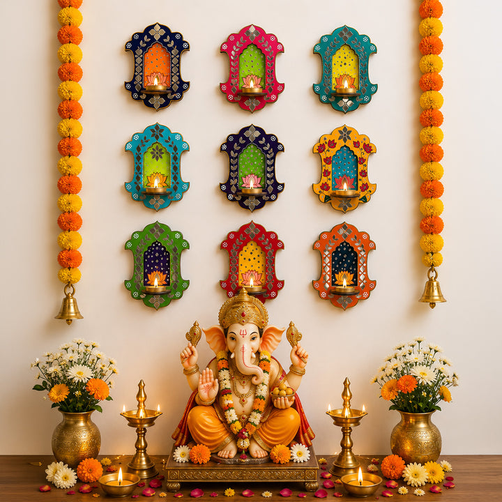 Set of 2 | Lotus Inspired Jharokha MDF Wall Hanging Tealight Holders For Festive Decor