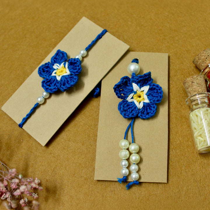 Handmade Crochet Cherry Blossom Couple Rakhi Lumba Set With Roli Chawal for Bhaiya Bhabhi | Set Of 2
