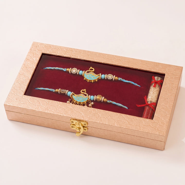Handmade Beaded Royal Swan Motif Couple Rakhi Set For Bhaiya Bhabhi | Set of 2
