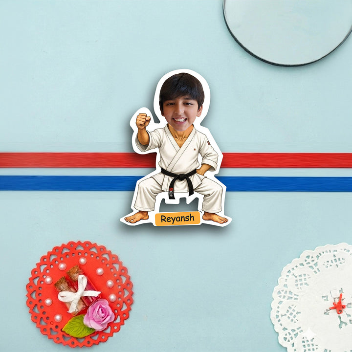 Photo Personalized Karate Caricature MDF Wood Kids Rakhi With Roli Chawal