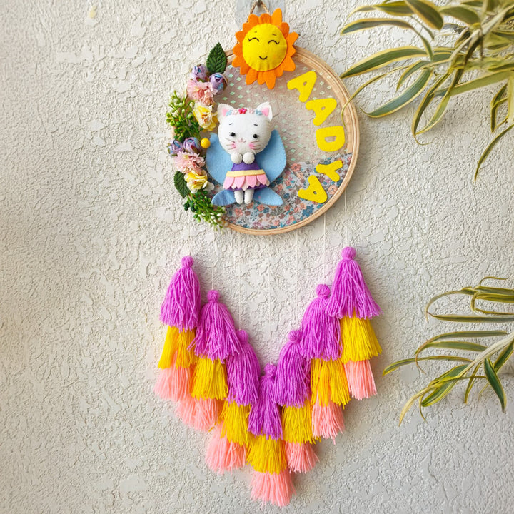 Personalized Cat Theme Kids Name Plate With Tassels