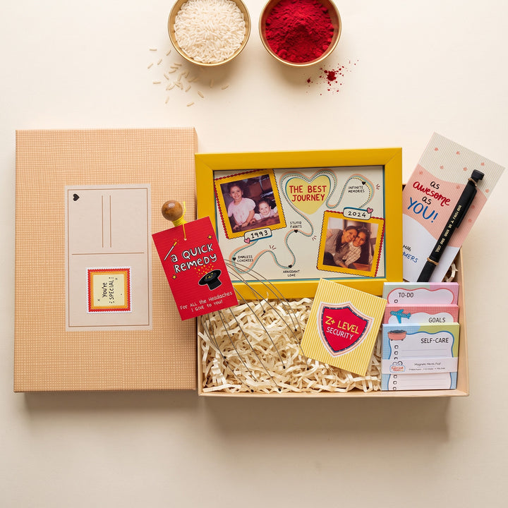 Personalized Time Travel Frame Postcard-Theme Rakhi Gift Hamper | 6-Piece Surprise Box