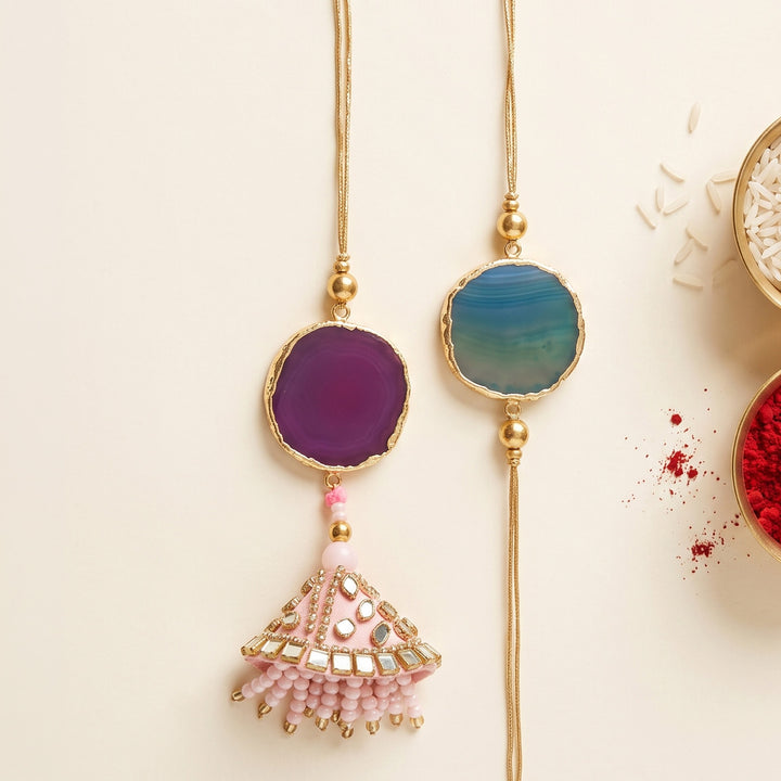 Handmade Pink And Blue Premium Agate Bhaiya Bhabhi Couple Rakhi And Lumba Set With Roli Chawal, Nariyal And Gift Box | Set of 2