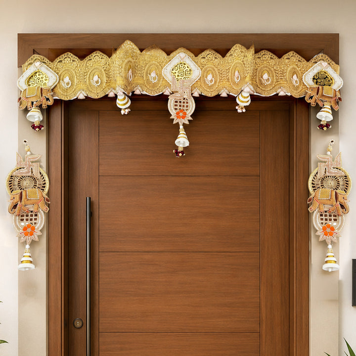 Elephant Swastik Handmade Jute Toran With Hangings