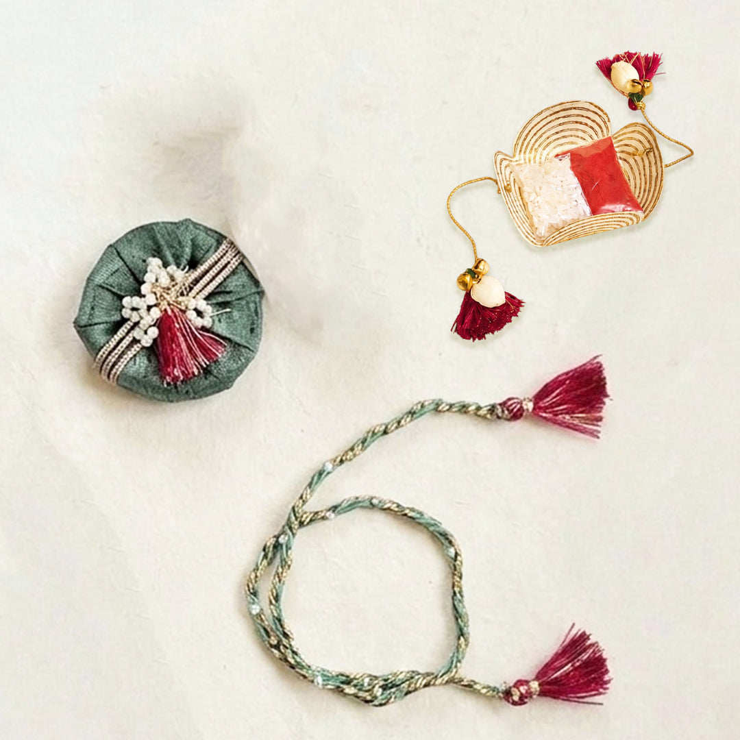 Handcrafted Cotton Dori & Pearl Bead Work Cheed Rakhi - Mint Green
