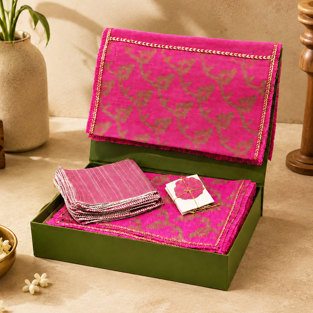 Handcrafted Pink Screen Printed Jute Table Linen Gift Hamper With Gota Detailing For Festive Gifting
