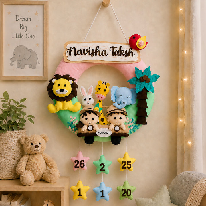 Personalized Jungle Safari Kids Felt Nameplate With Date Of Birth