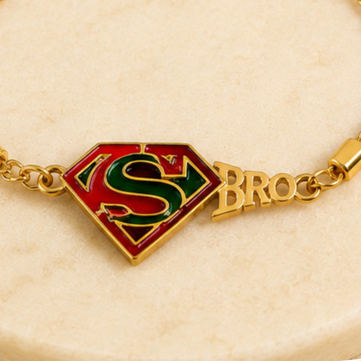 Handmade Superman BRO Metal Bracelet Rakhi With Roli Chawal For Brother