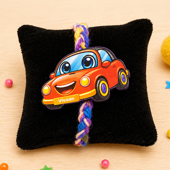 Personalized Reusable Red Car MDF Wood Rakhi With Roli Chawal