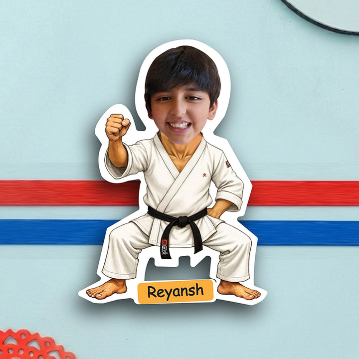Photo Personalized Karate Caricature MDF Wood Kids Rakhi With Roli Chawal
