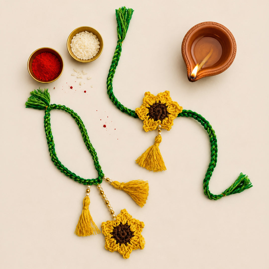Handmade Crochet Sunflower Couple Rakhi Lumba Set With Roli Chawal for Bhaiya Bhabhi | Set Of 2