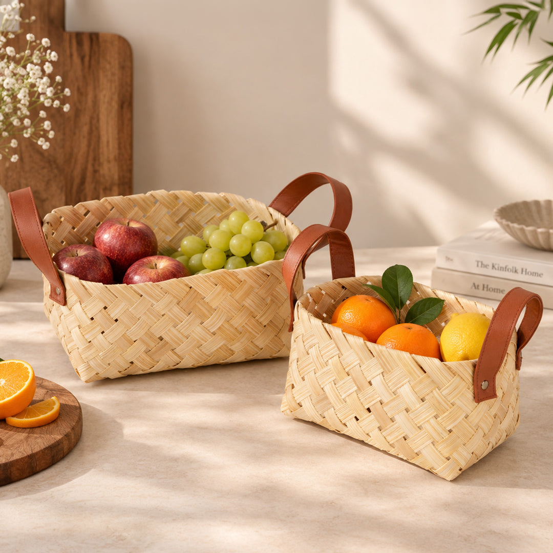 Set of 2 | "Avella" Handwoven Bamboo Basket With Rexine Handles For Home Storage & Gifting