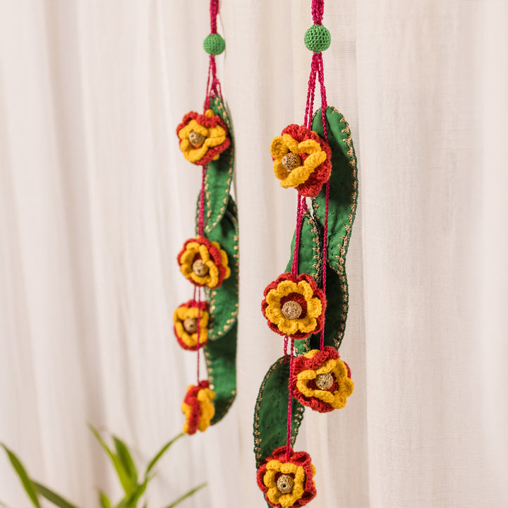 18 Inch | Set Of 2 Handmade Crochet Red & Yellow Floral Green Leaf Festive Door Side Hangings
