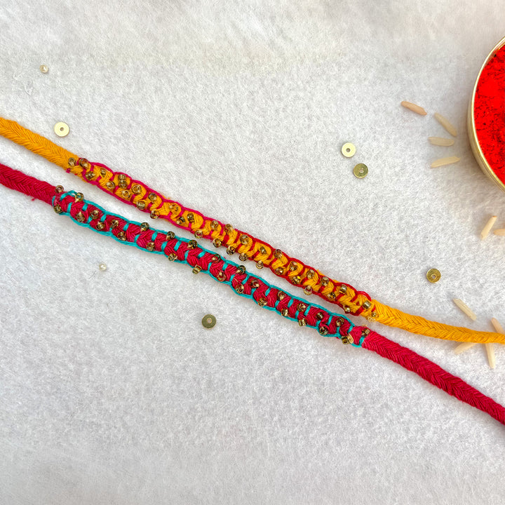 2 Pc | Hand Embroidered Beaded Blanket Stitch Rakhis With Roli Chawal For Brother