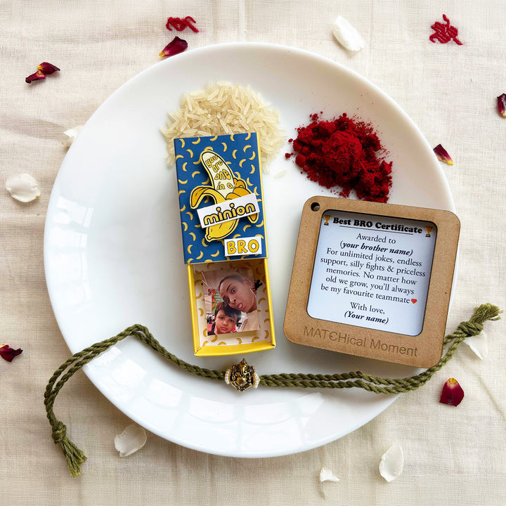 Personalized Photo "Minion" Theme Rakhi Gift for Little Brother | Rakhi, Matchbox Card & Photo Magnet Combo
