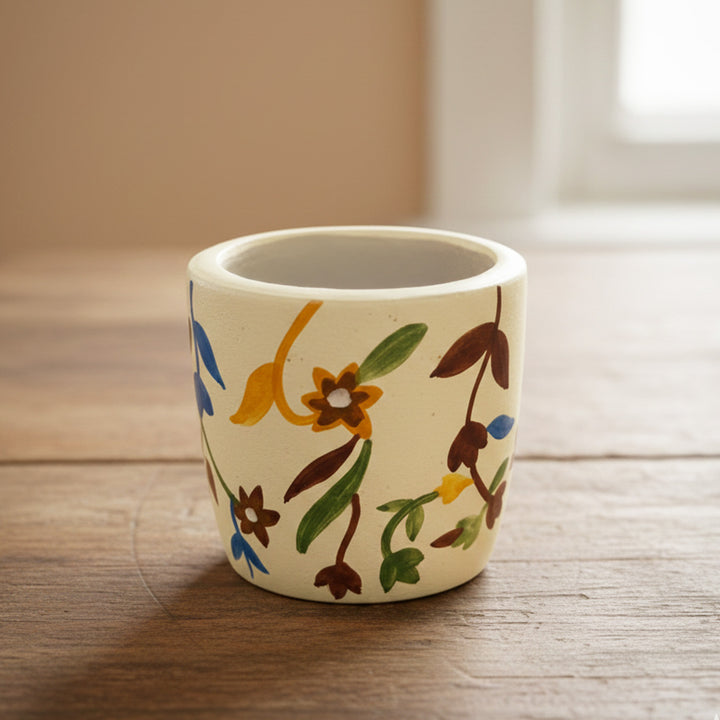 Hand-Painted Multicolor Floral Terracotta Candle Holder With Candle